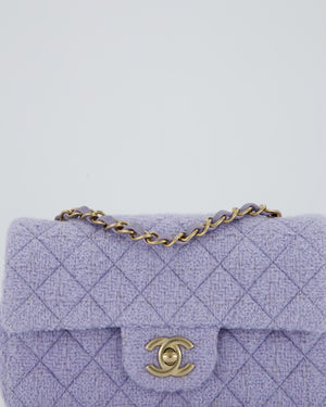 Chanel Lilac Tweed Mini Rectangular Single Flap Bag with Champagne Gold Hardware and Salmon Interior