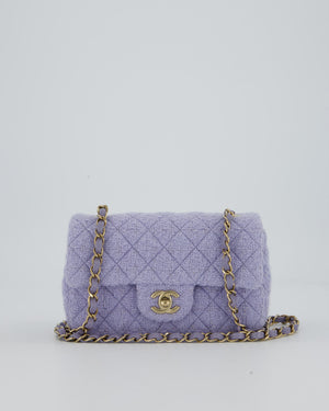 Chanel Lilac Tweed Mini Rectangular Single Flap Bag with Champagne Gold Hardware and Salmon Interior