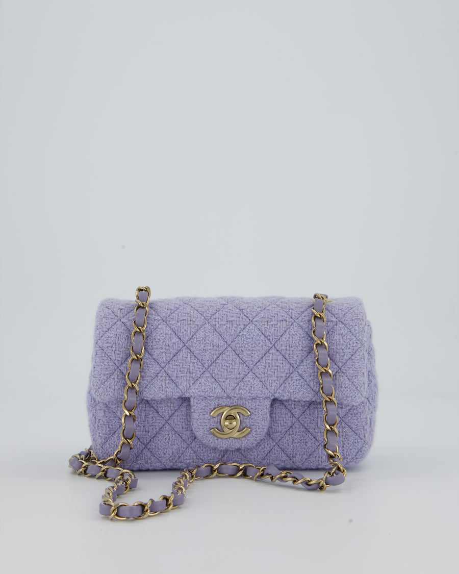 Chanel Lilac Tweed Mini Rectangular Single Flap Bag with Champagne Gold Hardware and Salmon Interior