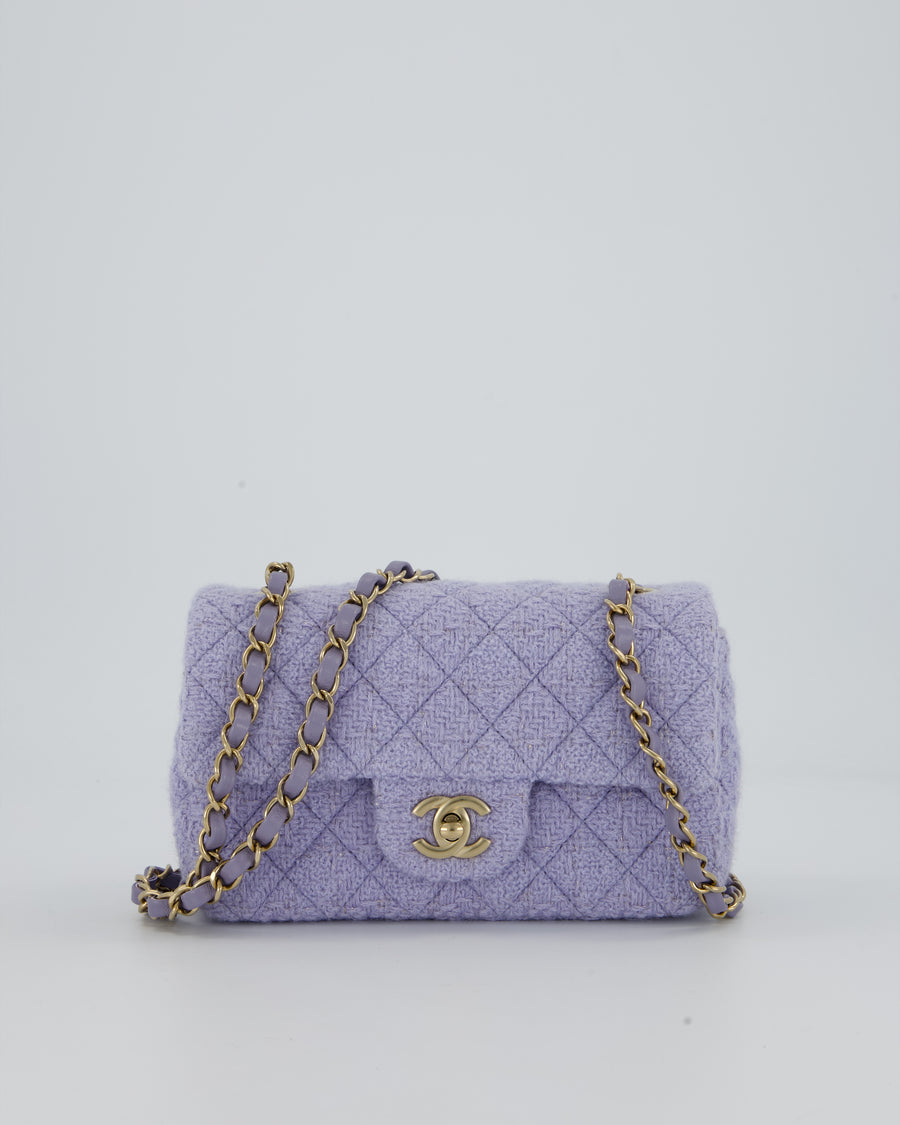 Chanel Lilac Tweed Mini Rectangular Single Flap Bag with Champagne Gold Hardware and Salmon Interior