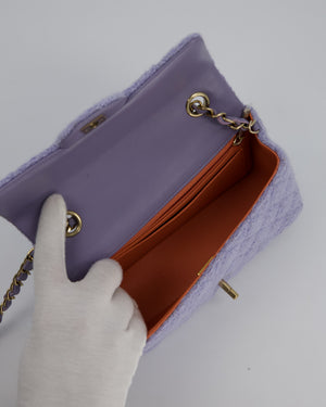 Chanel Lilac Tweed Mini Rectangular Single Flap Bag with Champagne Gold Hardware and Salmon Interior