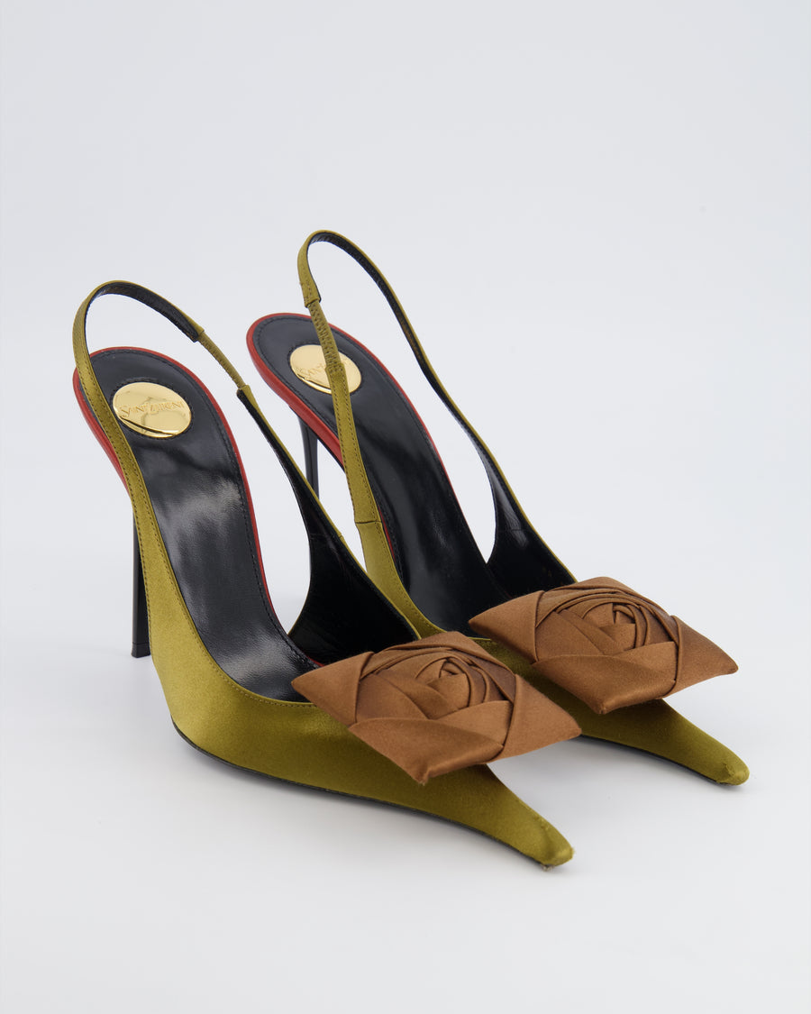 Saint Laurent Olive Green Satin Amalia Slingback Pumps with Bronze Square Flower Applique Size EU 38.5