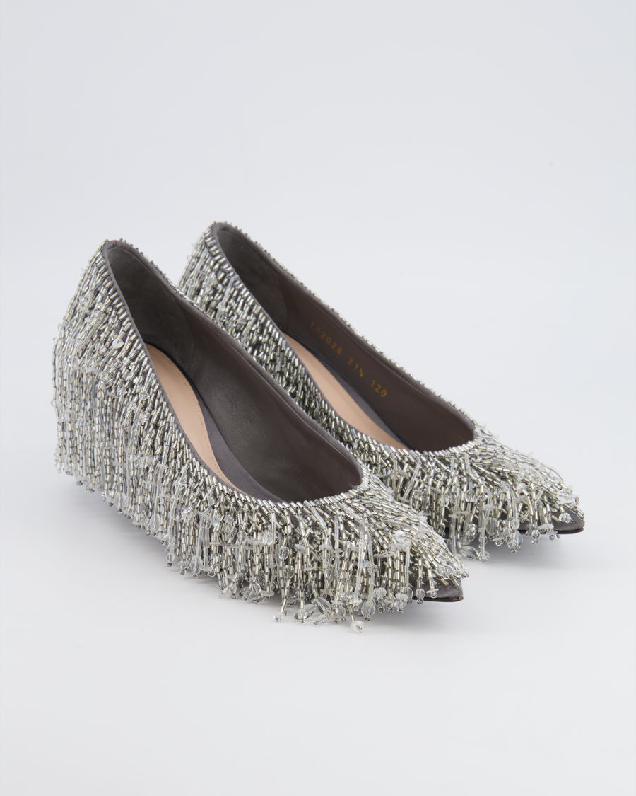 Gucci Silver Satin Pumps with Beaded Fringe Details Size EU 37.5