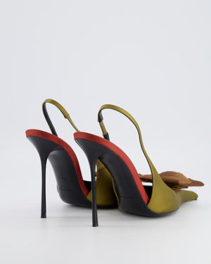 Saint Laurent Olive Green Satin Amalia Slingback Pumps with Bronze Square Flower Applique Size EU 38.5