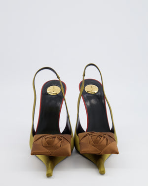 Saint Laurent Olive Green Satin Amalia Slingback Pumps with Bronze Square Flower Applique Size EU 38.5
