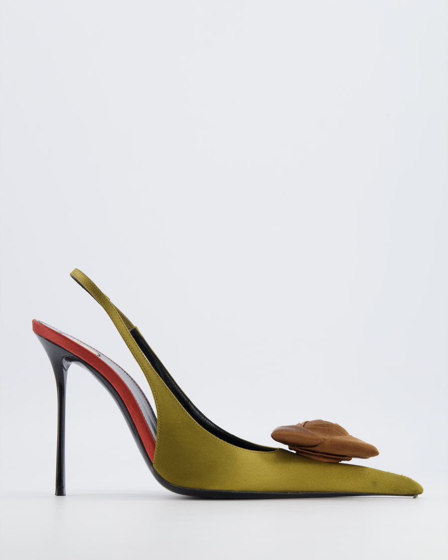 Saint Laurent Olive Green Satin Amalia Slingback Pumps with Bronze Square Flower Applique Size EU 38.5