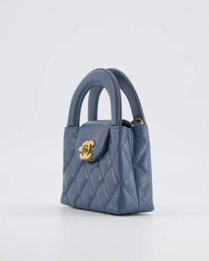Chanel Slate Blue Nano Kelly Shopping Bag in Aged Lambskin Leather with Brushed Gold Hardware