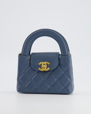 Chanel Slate Blue Nano Kelly Shopping Bag in Aged Lambskin Leather with Brushed Gold Hardware