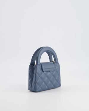 Chanel Slate Blue Nano Kelly Shopping Bag in Aged Lambskin Leather with Brushed Gold Hardware