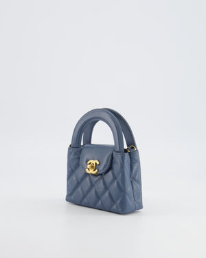 Chanel Slate Blue Nano Kelly Shopping Bag in Aged Lambskin Leather with Brushed Gold Hardware