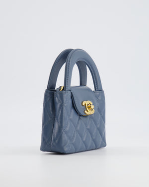 Chanel Slate Blue Nano Kelly Shopping Bag in Aged Lambskin Leather with Brushed Gold Hardware