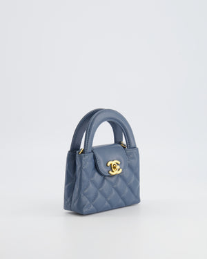 Chanel Slate Blue Nano Kelly Shopping Bag in Aged Lambskin Leather with Brushed Gold Hardware