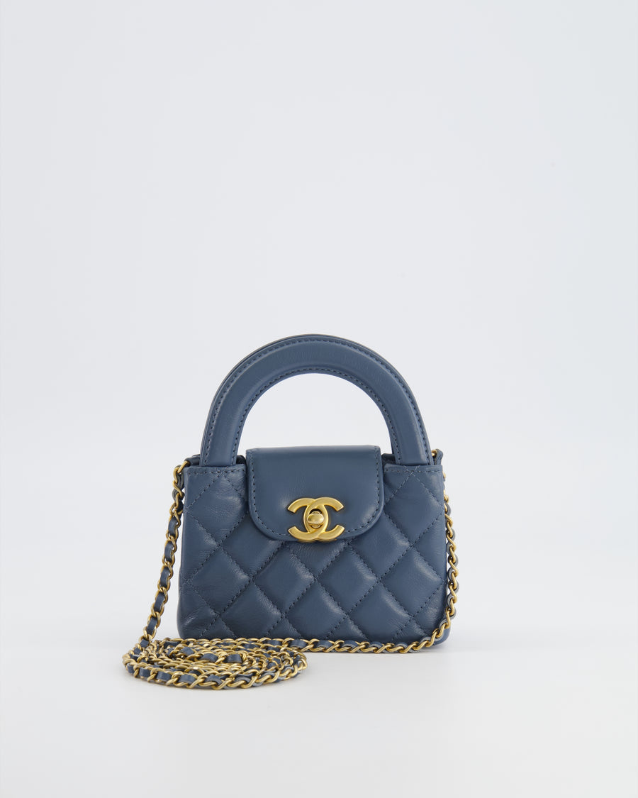 Chanel Slate Blue Nano Kelly Shopping Bag in Aged Lambskin Leather with Brushed Gold Hardware