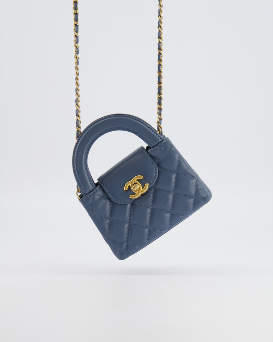 Chanel Slate Blue Nano Kelly Shopping Bag in Aged Lambskin Leather with Brushed Gold Hardware