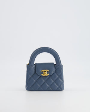Chanel Slate Blue Nano Kelly Shopping Bag in Aged Lambskin Leather with Brushed Gold Hardware