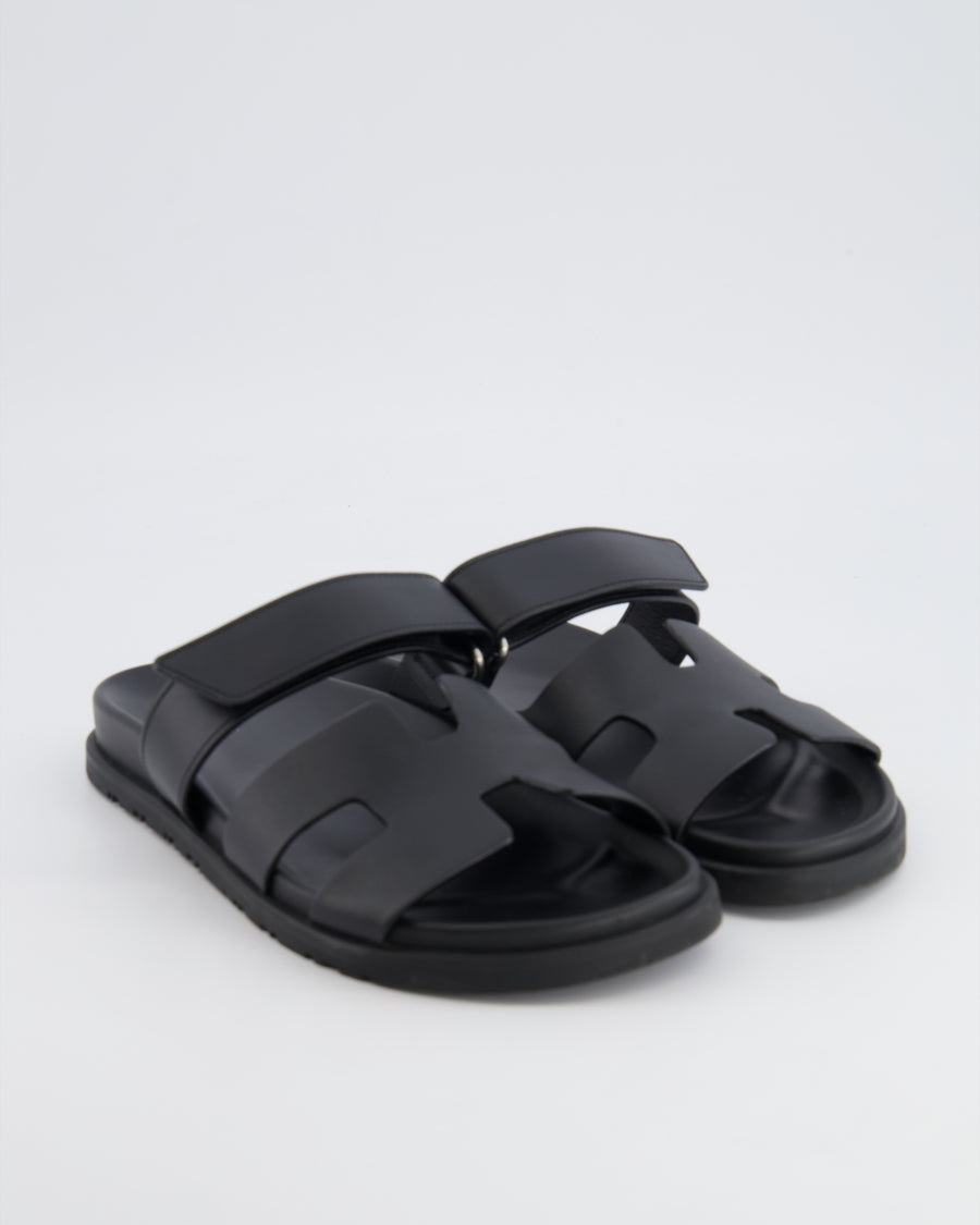 Hermès Black Leather Chypre Sandals Size EU 37.5