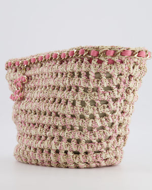 Chanel SS23 Small Crochet Shopping Tote Bag in Pink and Beige with Champagne Gold Hardware