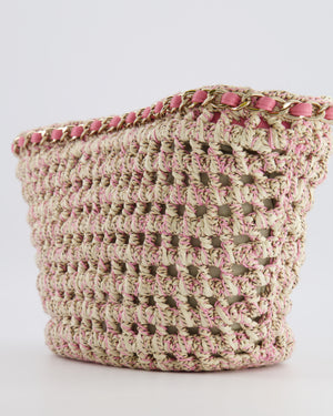 Chanel SS23 Small Crochet Shopping Tote Bag in Pink and Beige with Champagne Gold Hardware