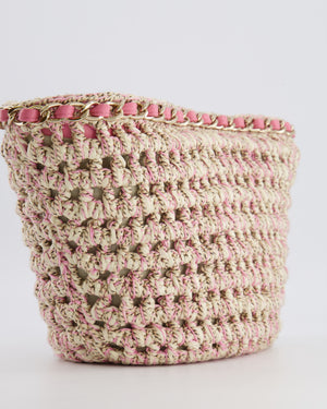 Chanel SS23 Small Crochet Shopping Tote Bag in Pink and Beige with Champagne Gold Hardware