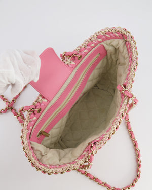 Chanel SS23 Small Crochet Shopping Tote Bag in Pink and Beige with Champagne Gold Hardware