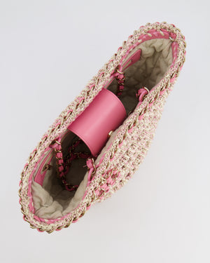 Chanel SS23 Small Crochet Shopping Tote Bag in Pink and Beige with Champagne Gold Hardware