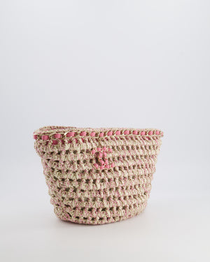 Chanel SS23 Small Crochet Shopping Tote Bag in Pink and Beige with Champagne Gold Hardware