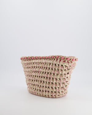 Chanel SS23 Small Crochet Shopping Tote Bag in Pink and Beige with Champagne Gold Hardware