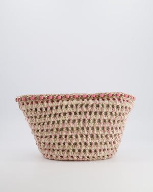 Chanel SS23 Small Crochet Shopping Tote Bag in Pink and Beige with Champagne Gold Hardware