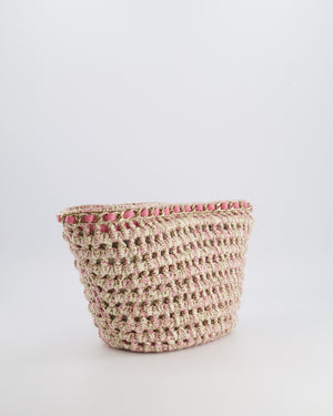 Chanel SS23 Small Crochet Shopping Tote Bag in Pink and Beige with Champagne Gold Hardware