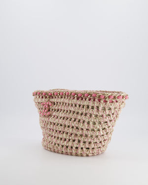 Chanel SS23 Small Crochet Shopping Tote Bag in Pink and Beige with Champagne Gold Hardware