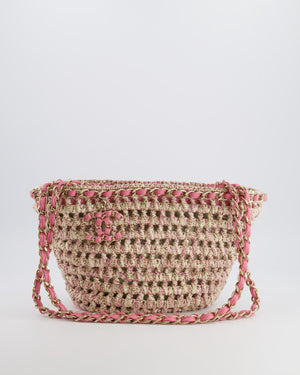 Chanel SS23 Small Crochet Shopping Tote Bag in Pink and Beige with Champagne Gold Hardware