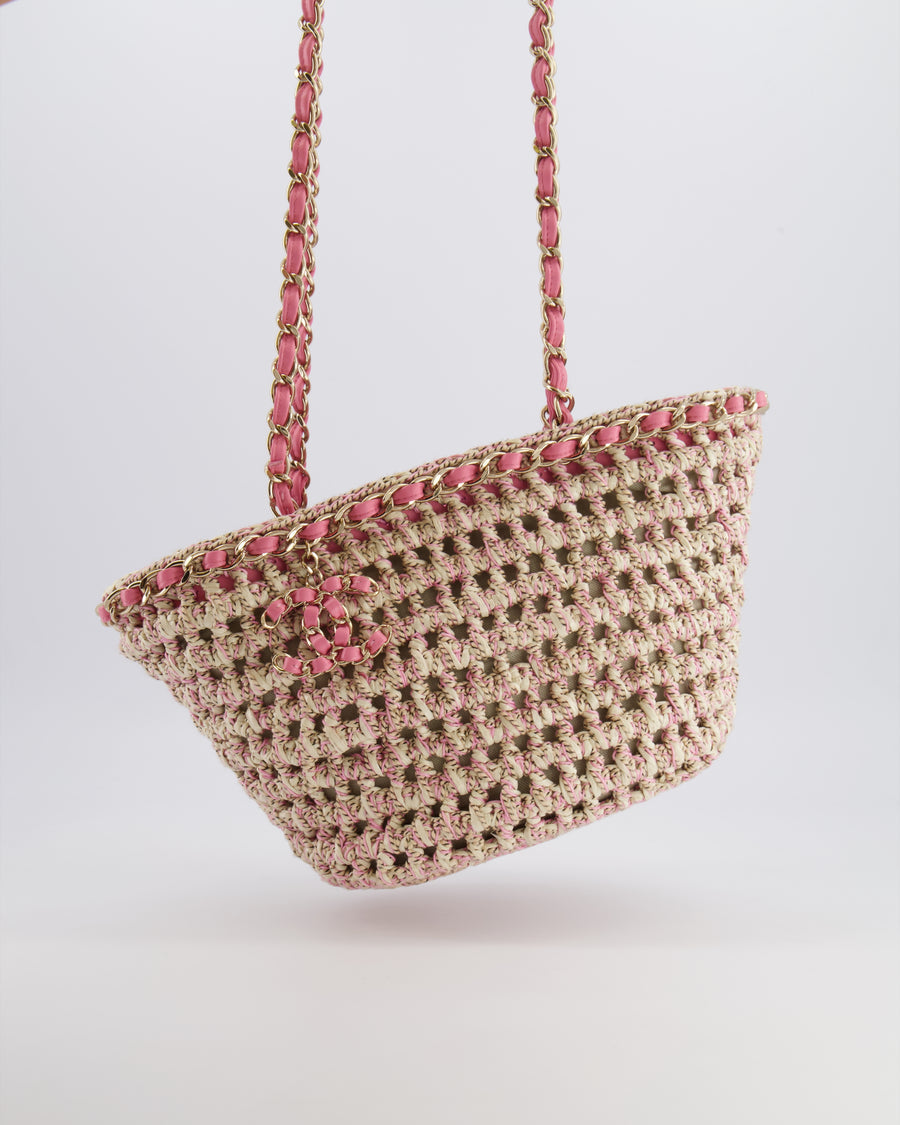 Chanel SS23 Small Crochet Shopping Tote Bag in Pink and Beige with Champagne Gold Hardware