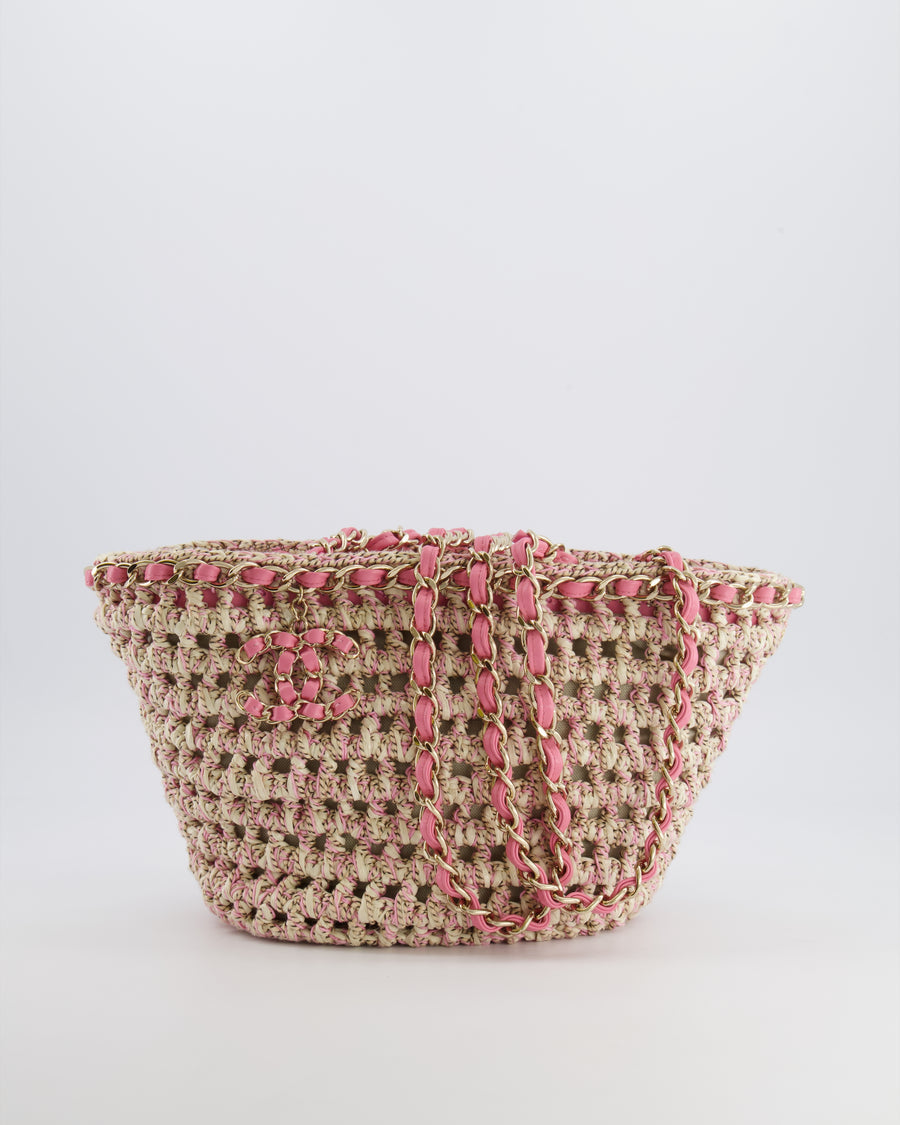 Chanel SS23 Small Crochet Shopping Tote Bag in Pink and Beige with Champagne Gold Hardware