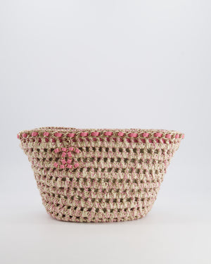 Chanel SS23 Small Crochet Shopping Tote Bag in Pink and Beige with Champagne Gold Hardware