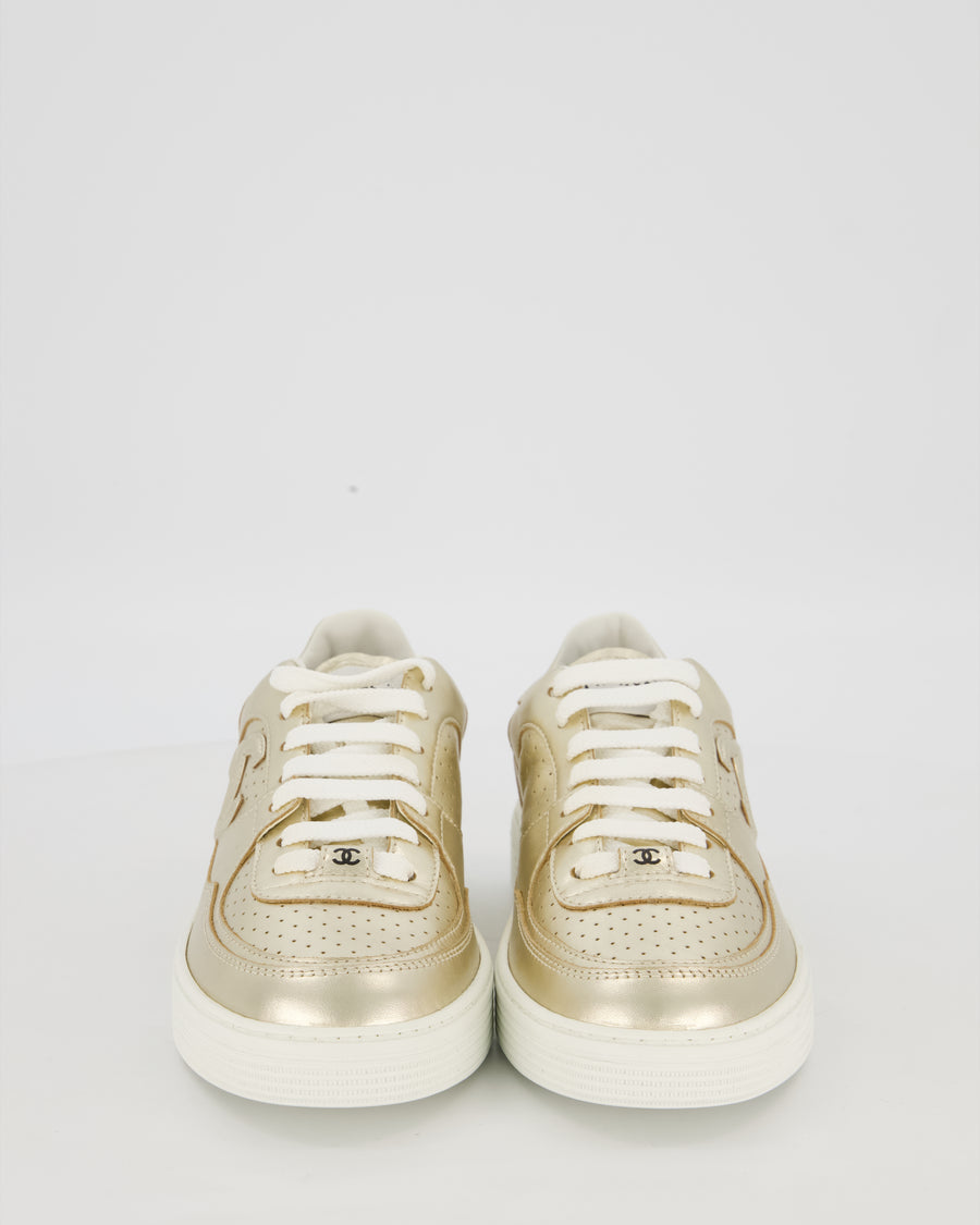 Chanel Metallic Gold Low Top Sneakers with Interlocking CC Logo in Leather Size EU 37