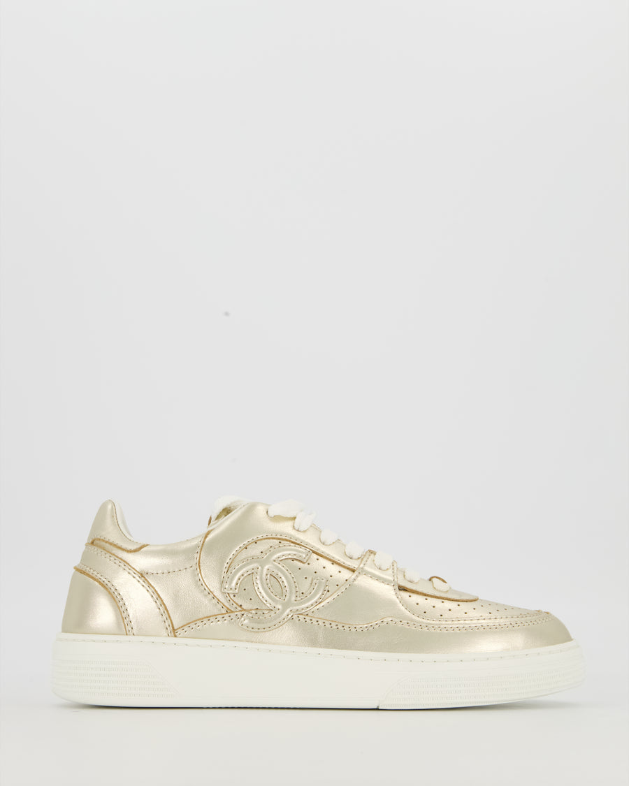 Chanel Metallic Gold Low Top Sneakers with Interlocking CC Logo in Leather Size EU 37