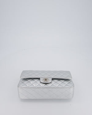Chanel Metallic Silver Medium Classic Double Flap Bag in Lambskin Leather with Silver Hardware