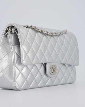 Chanel Metallic Silver Medium Classic Double Flap Bag in Lambskin Leather with Silver Hardware