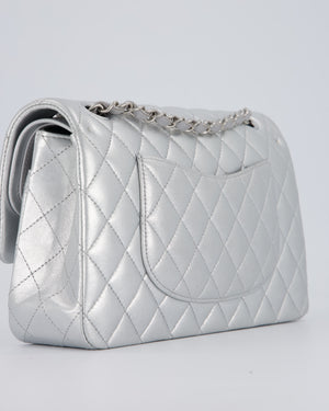 Chanel Metallic Silver Medium Classic Double Flap Bag in Lambskin Leather with Silver Hardware