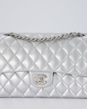 Chanel Metallic Silver Medium Classic Double Flap Bag in Lambskin Leather with Silver Hardware