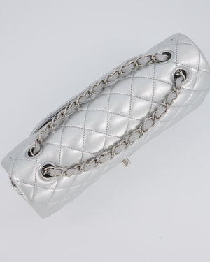 Chanel Metallic Silver Medium Classic Double Flap Bag in Lambskin Leather with Silver Hardware