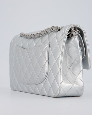 Chanel Metallic Silver Medium Classic Double Flap Bag in Lambskin Leather with Silver Hardware