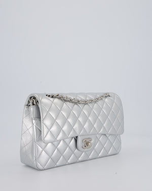 Chanel Metallic Silver Medium Classic Double Flap Bag in Lambskin Leather with Silver Hardware