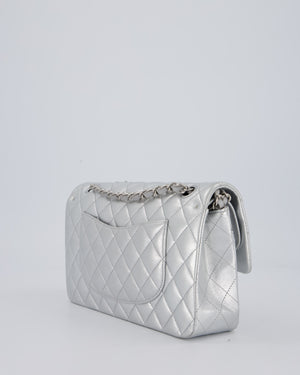 Chanel Metallic Silver Medium Classic Double Flap Bag in Lambskin Leather with Silver Hardware