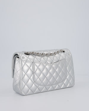 Chanel Metallic Silver Medium Classic Double Flap Bag in Lambskin Leather with Silver Hardware