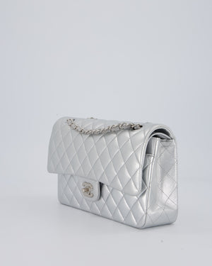 Chanel Metallic Silver Medium Classic Double Flap Bag in Lambskin Leather with Silver Hardware