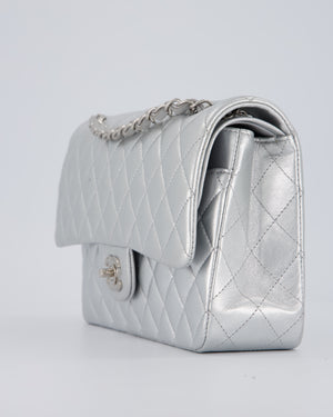 Chanel Metallic Silver Medium Classic Double Flap Bag in Lambskin Leather with Silver Hardware