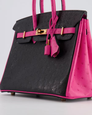 *RARE* Hermès HSS Birkin 25 Retourne Bag in Black and Rose Shocking Ostrich Leather with Gold Hardware