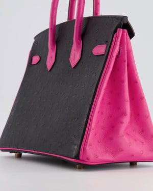 *RARE* Hermès HSS Birkin 25 Retourne Bag in Black and Rose Shocking Ostrich Leather with Gold Hardware
