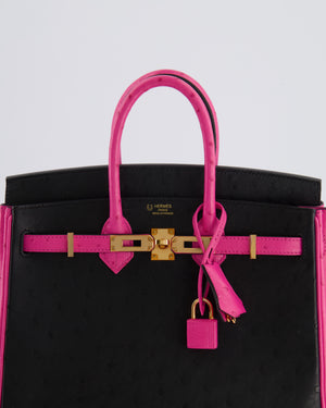 *RARE* Hermès HSS Birkin 25 Retourne Bag in Black and Rose Shocking Ostrich Leather with Gold Hardware